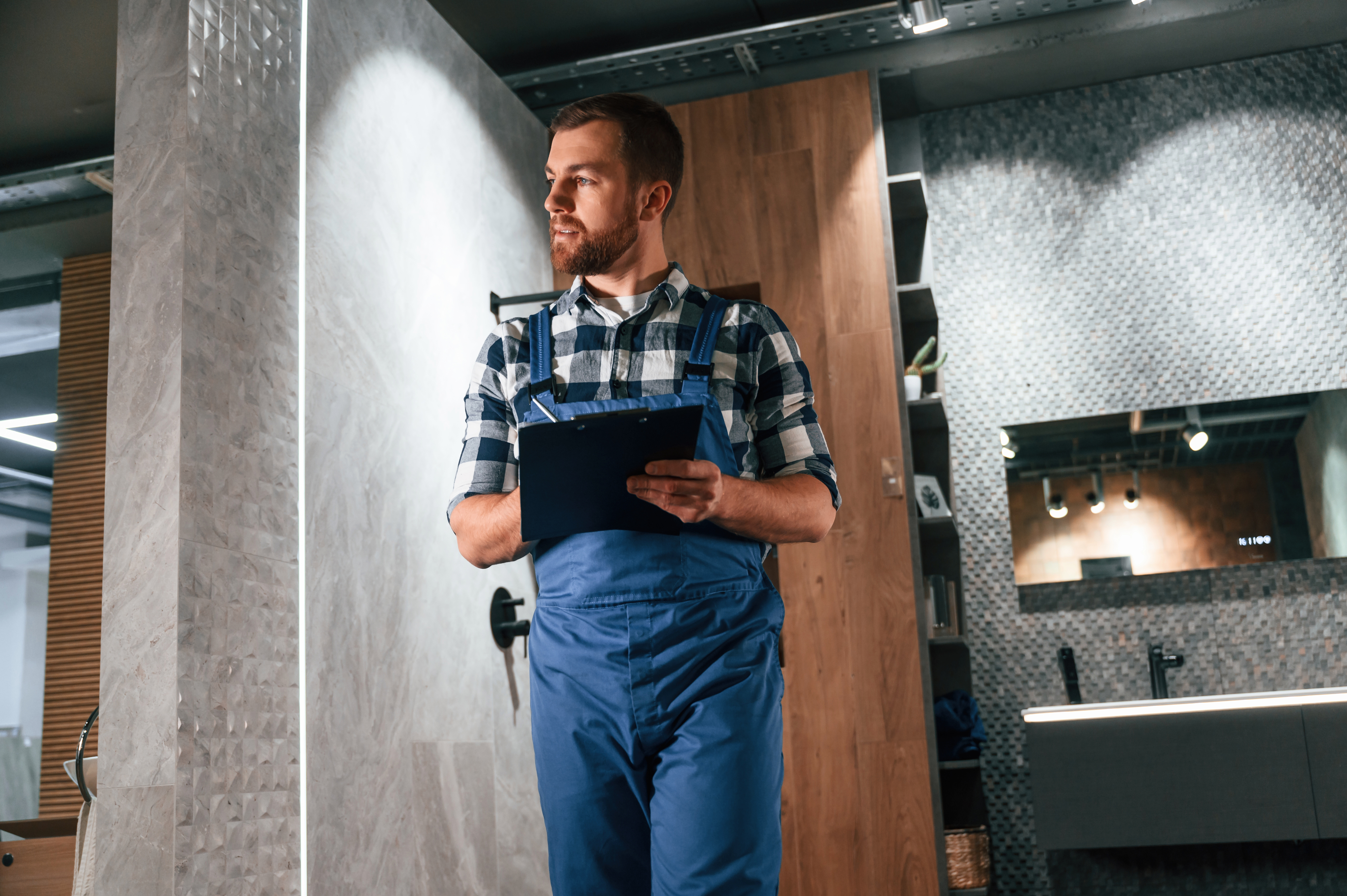 Homme en salopette inspectant salle de bain moderne.